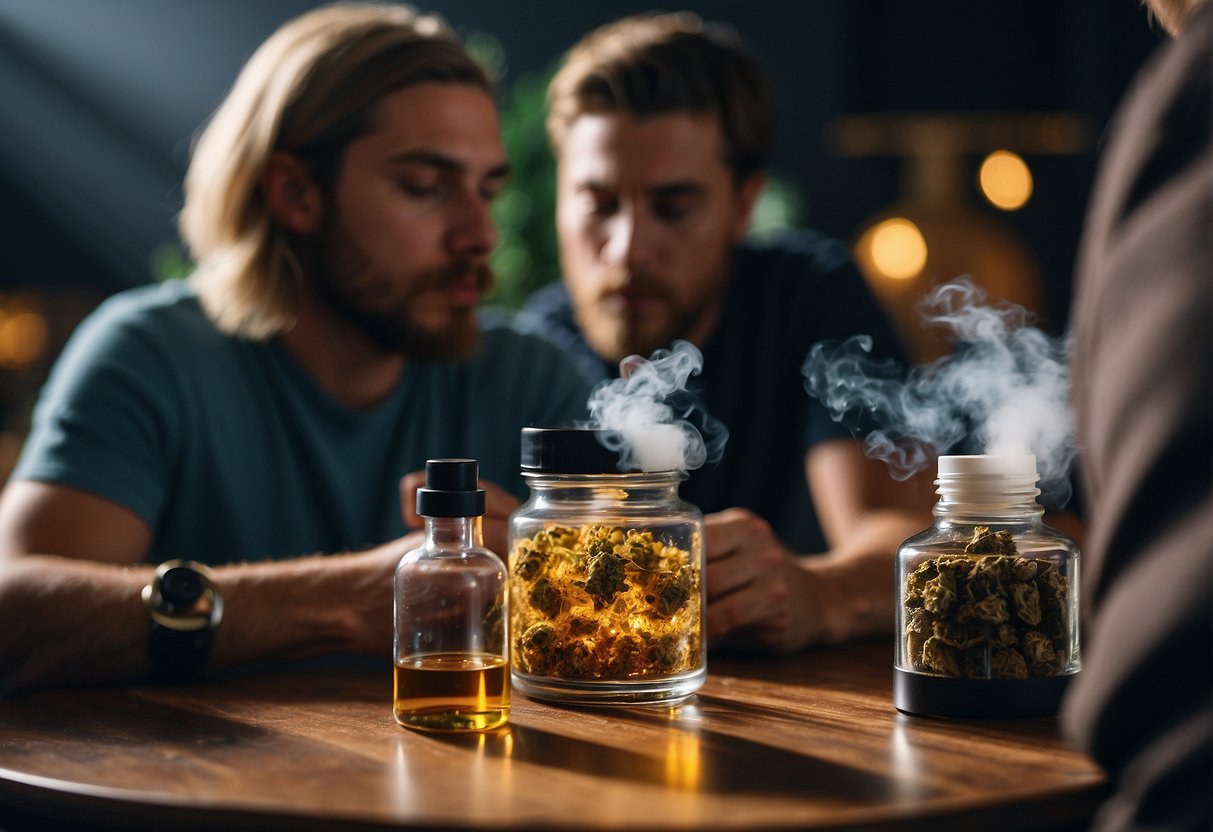 A group of men smoking marijuana at a table.