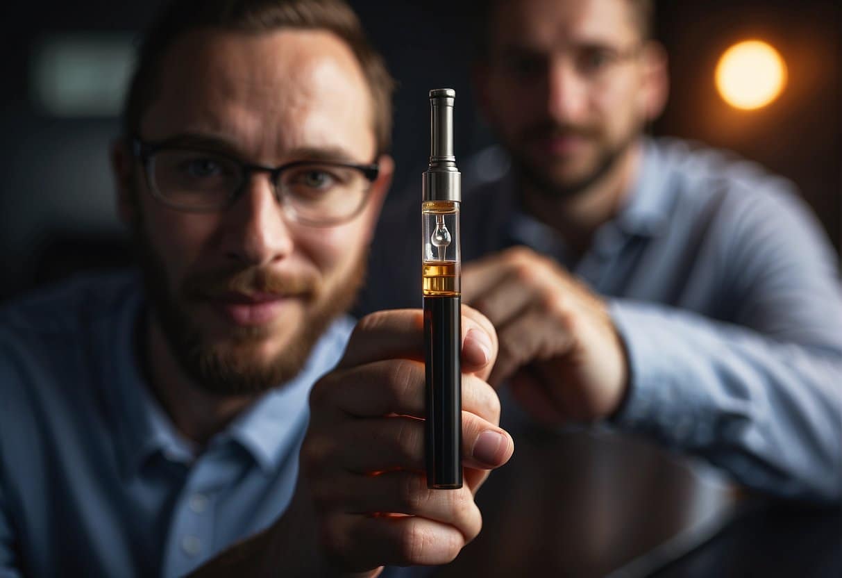 Two men displaying an electronic cigarette.