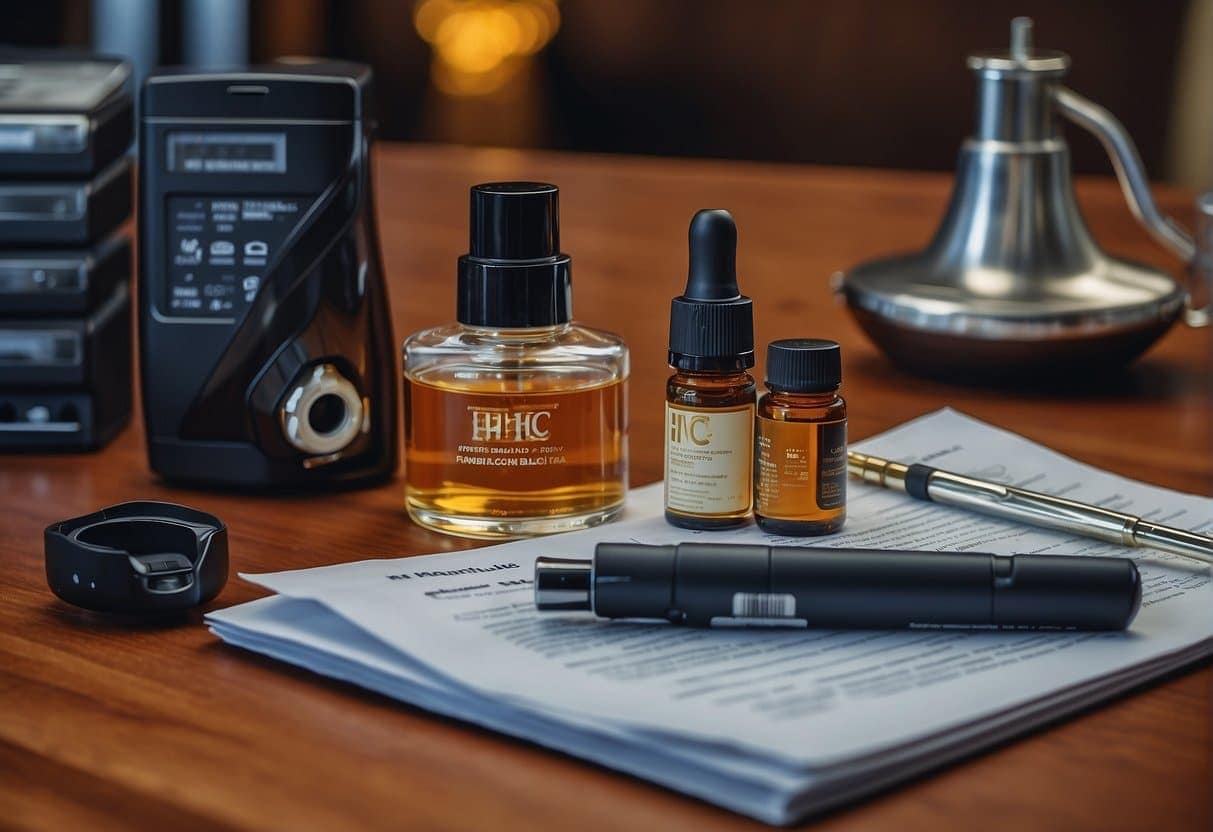A table with various items on it, including a pen and a vaporizer.