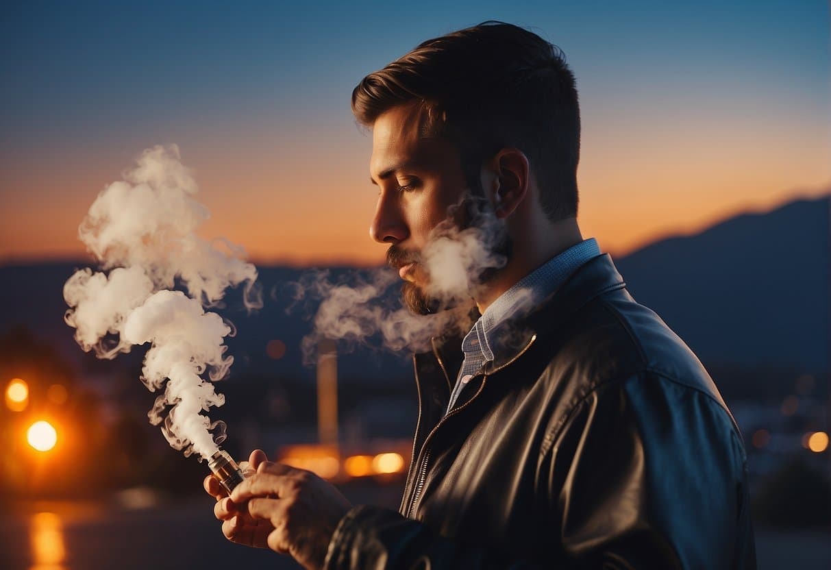 A man is vaping in front of a city.