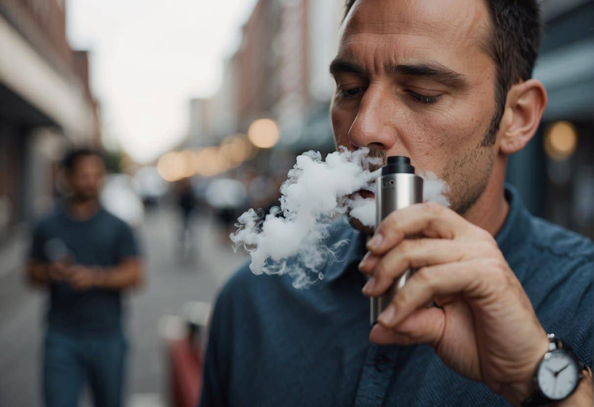 An individual using an electronic cigarette on a street in a bustling city.