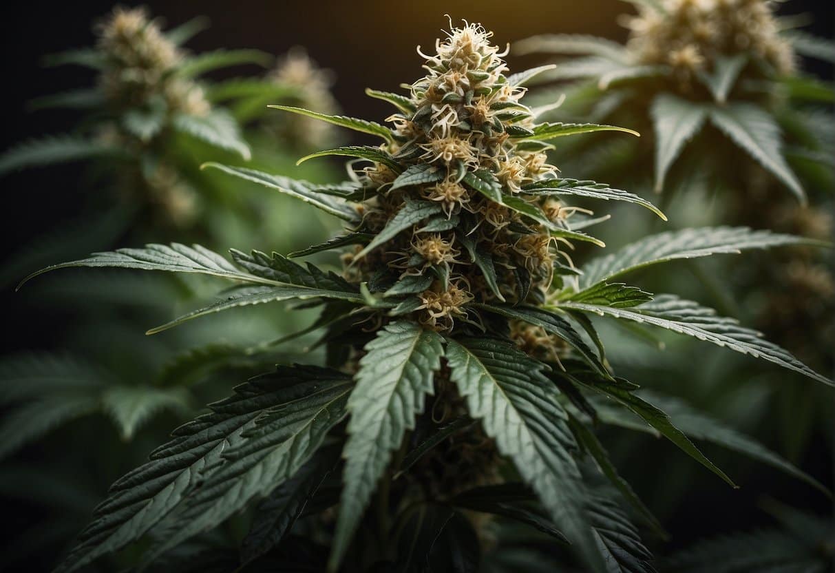 Cannabis plant on a black background with SEO keywords.