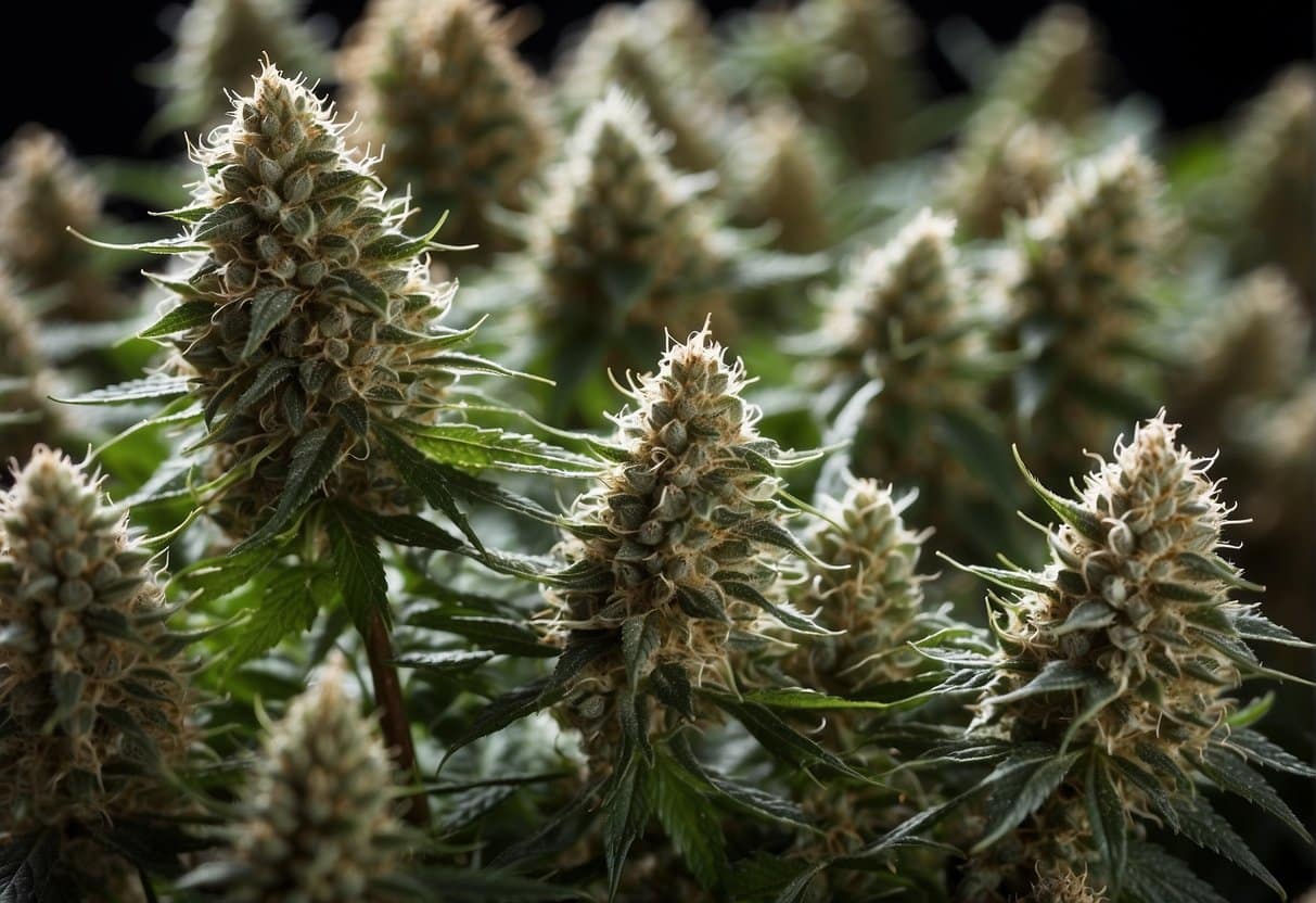 A close up of a cannabis plant on a black background.