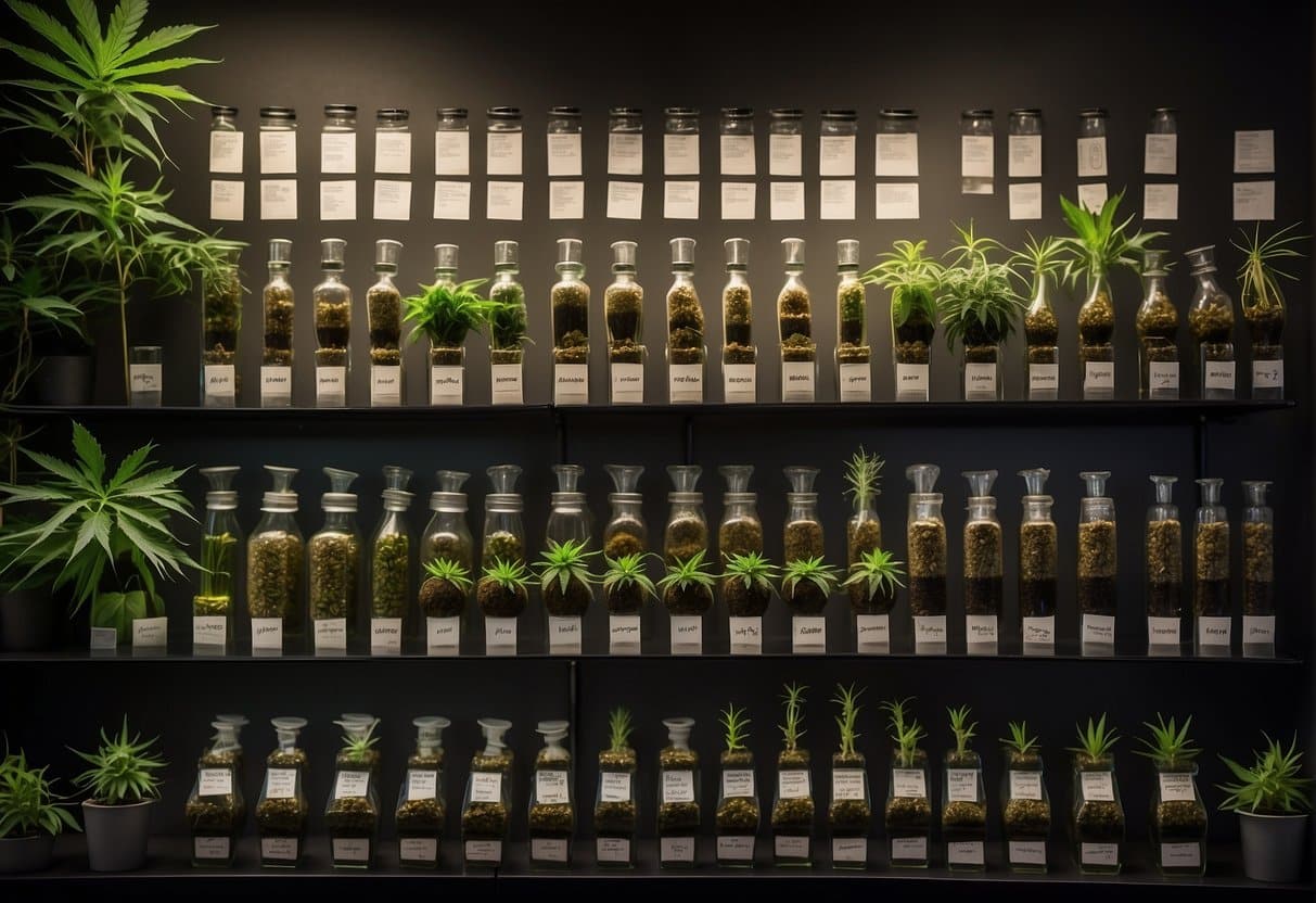 Cannabis plants displayed on shelves in a store.