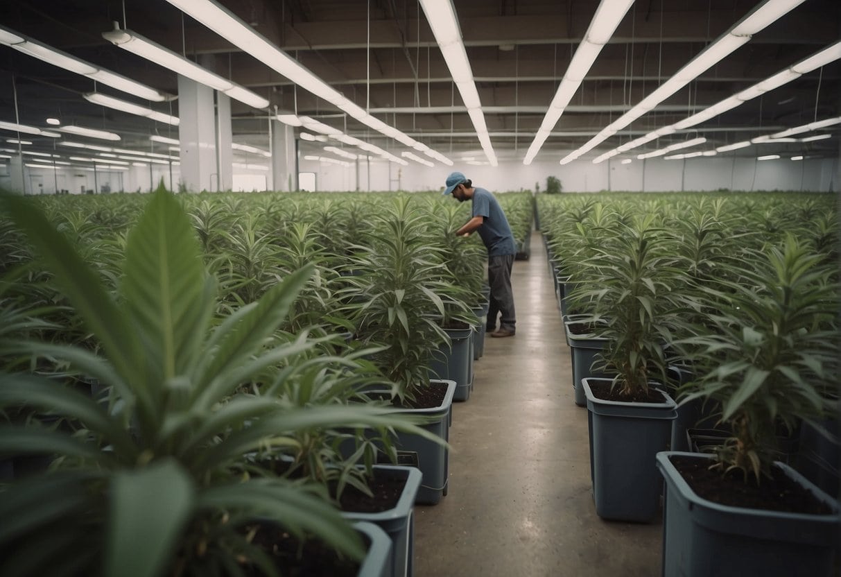 A worker in a marijuana plantation inspects potted plants using an automated system.