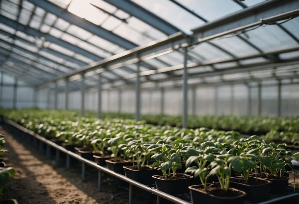 A greenhouse with plants growing in pots, showcasing the process of growing THCa flower.