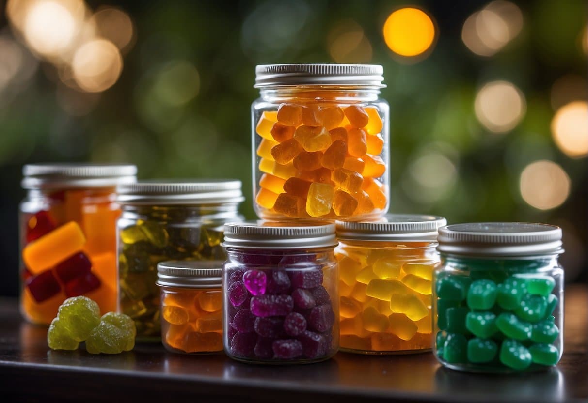 Colorful gummy bears arranged in jars on a table.
