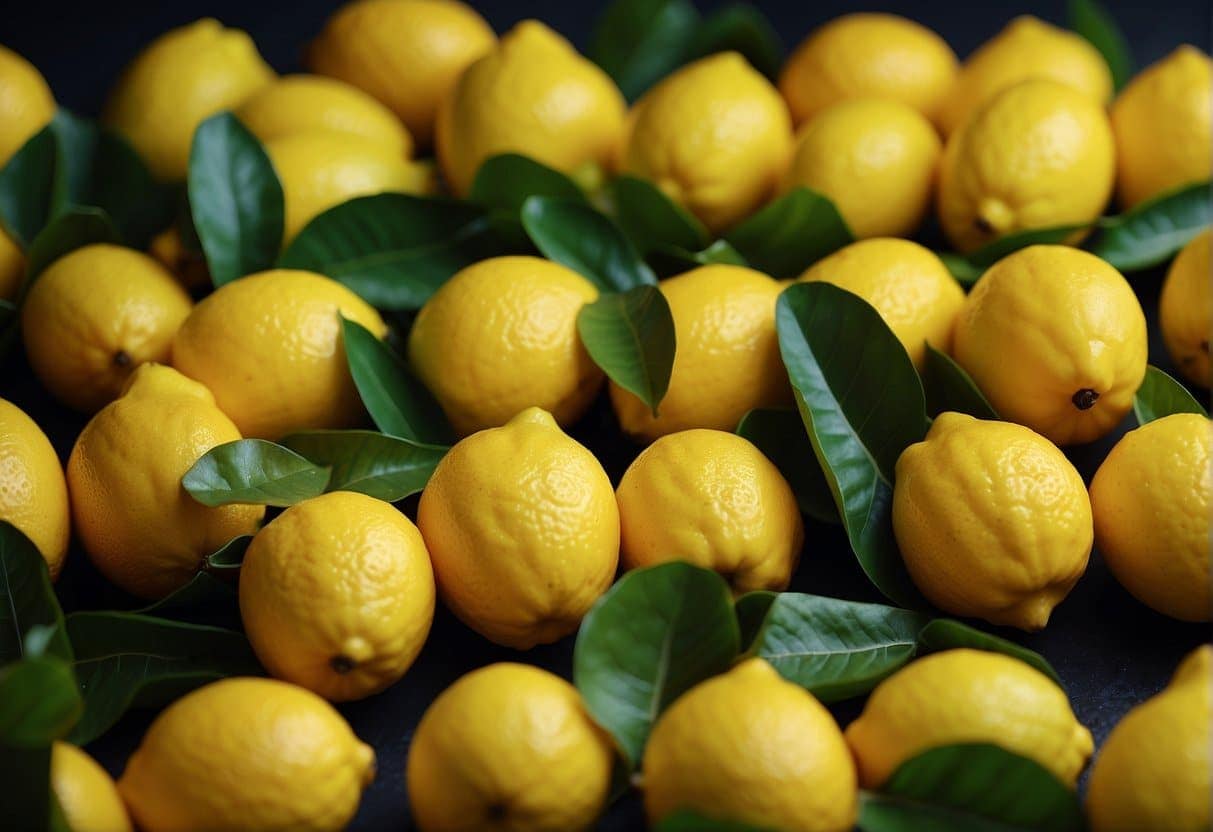A bunch of lemons with leaves on a black surface.