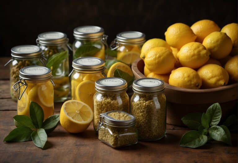 Lemons in jars on a wooden table with herbs.