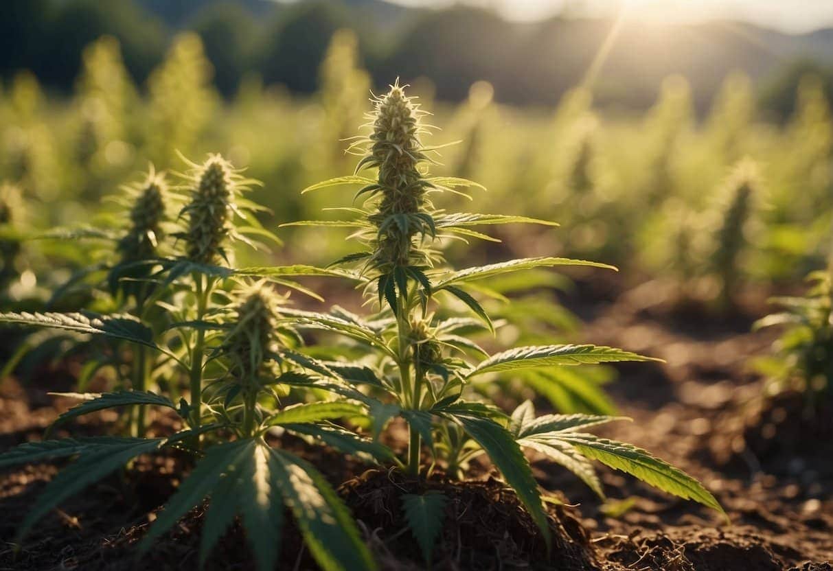 Auto-draft cannabis plants in a field at sunset.