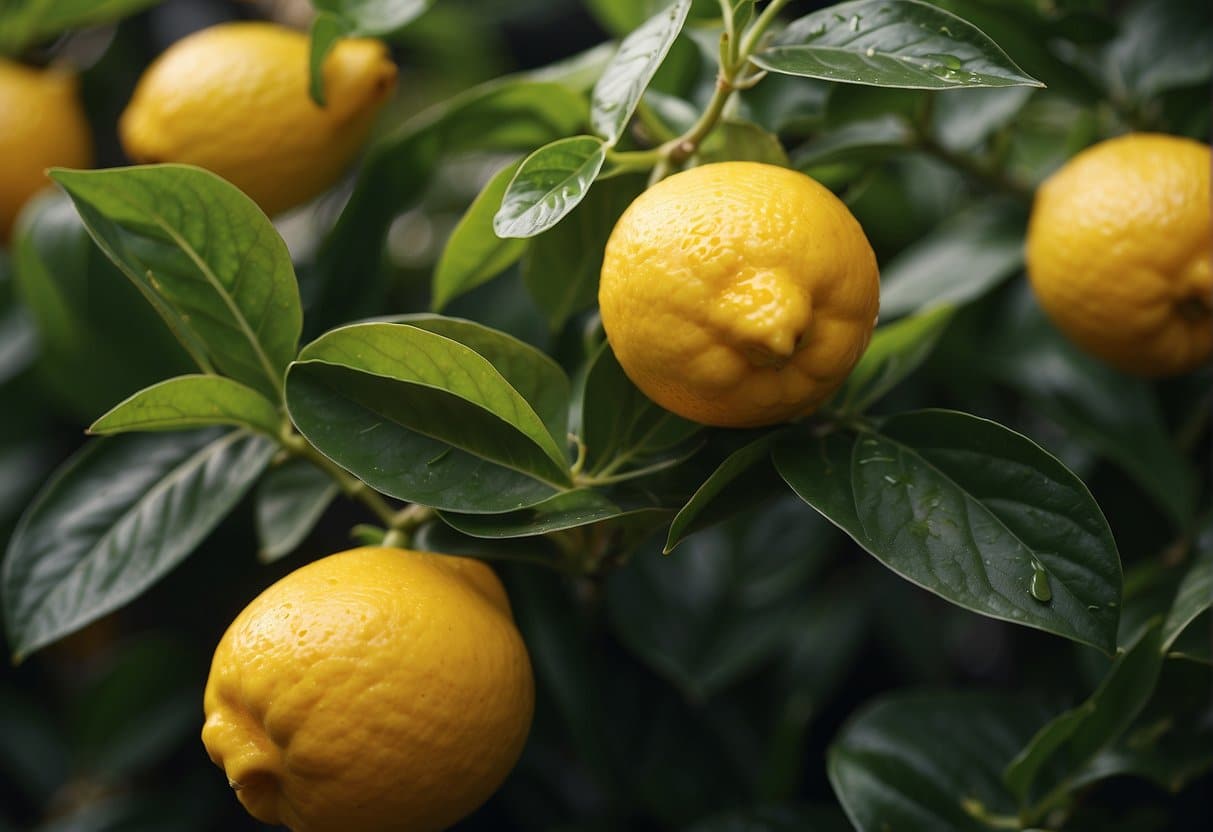 Lemons growing on a tree with green leaves.