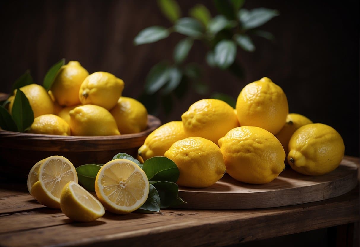 A bowl of lemons on a wooden table, with cannabis plants