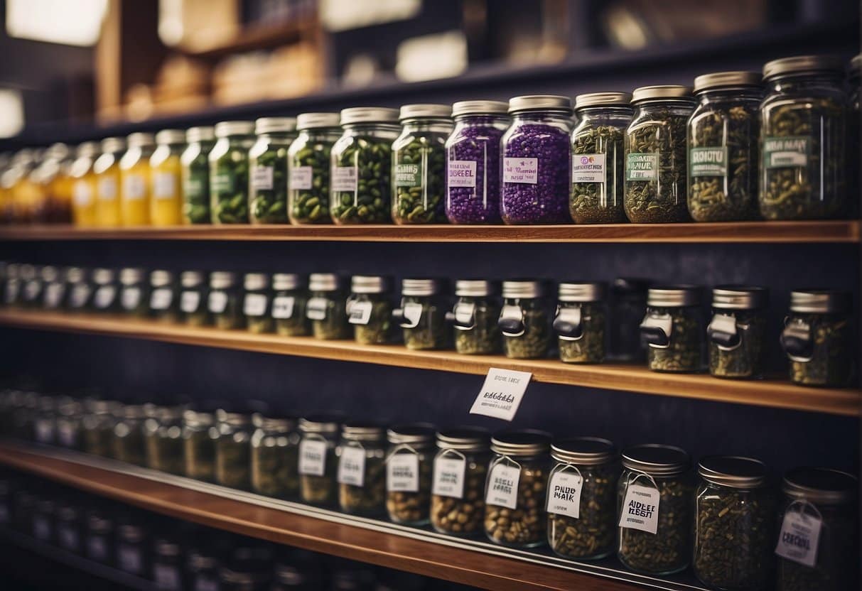 A drafty shelf filled with jars of various herbs.