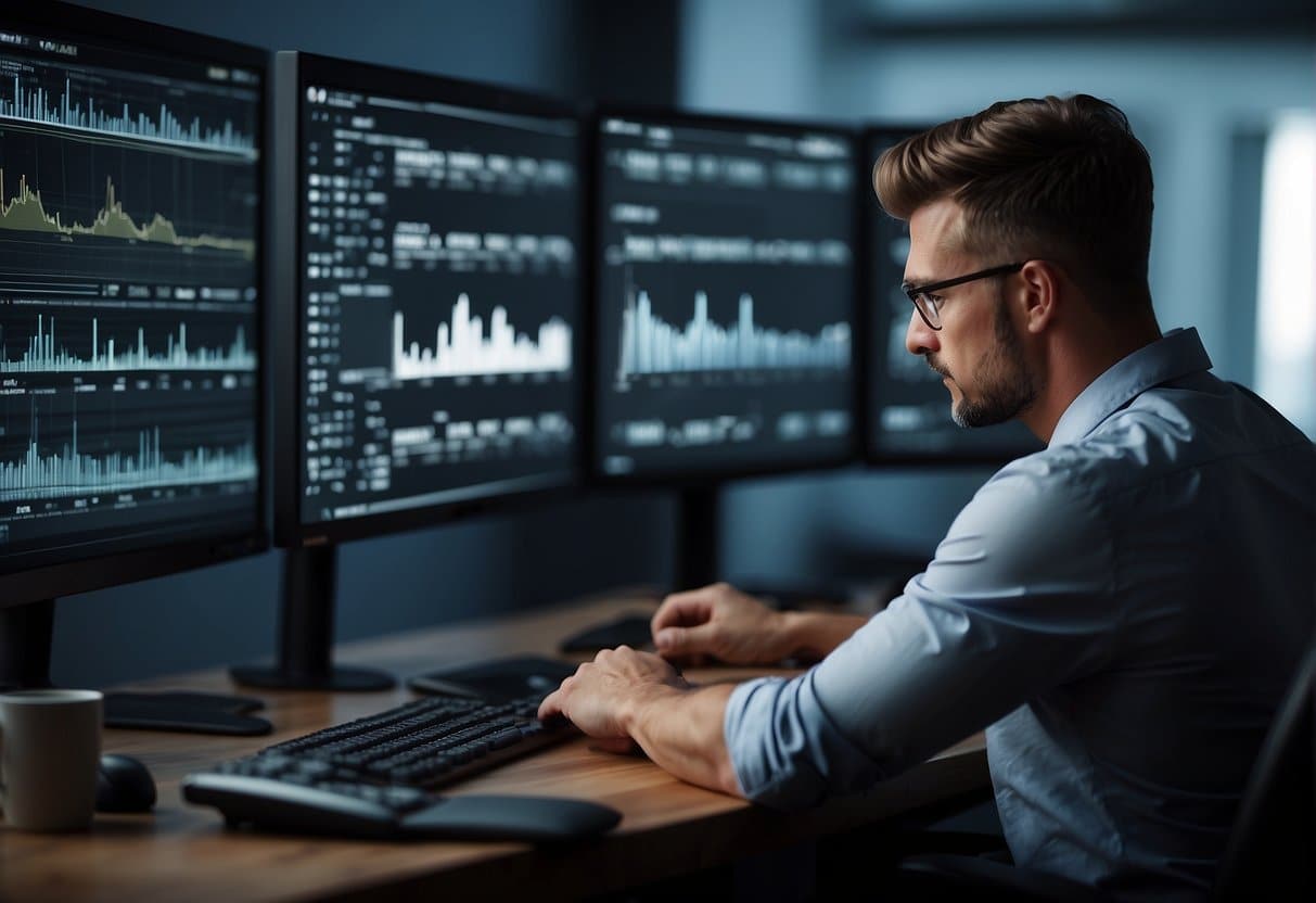A man sitting at a desk in front of several monitors, carefully reviewing cannabis data