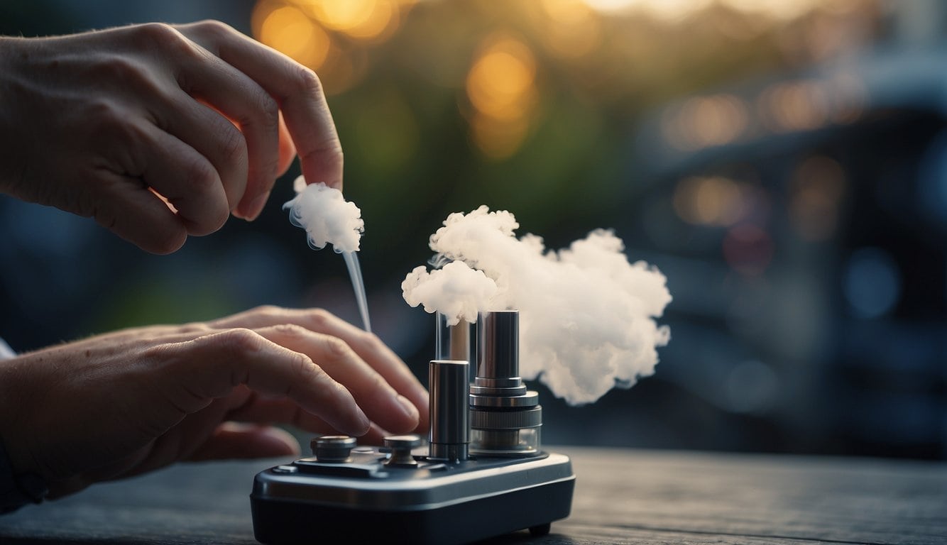 A hand is holding a small electronic device emitting smoke.
