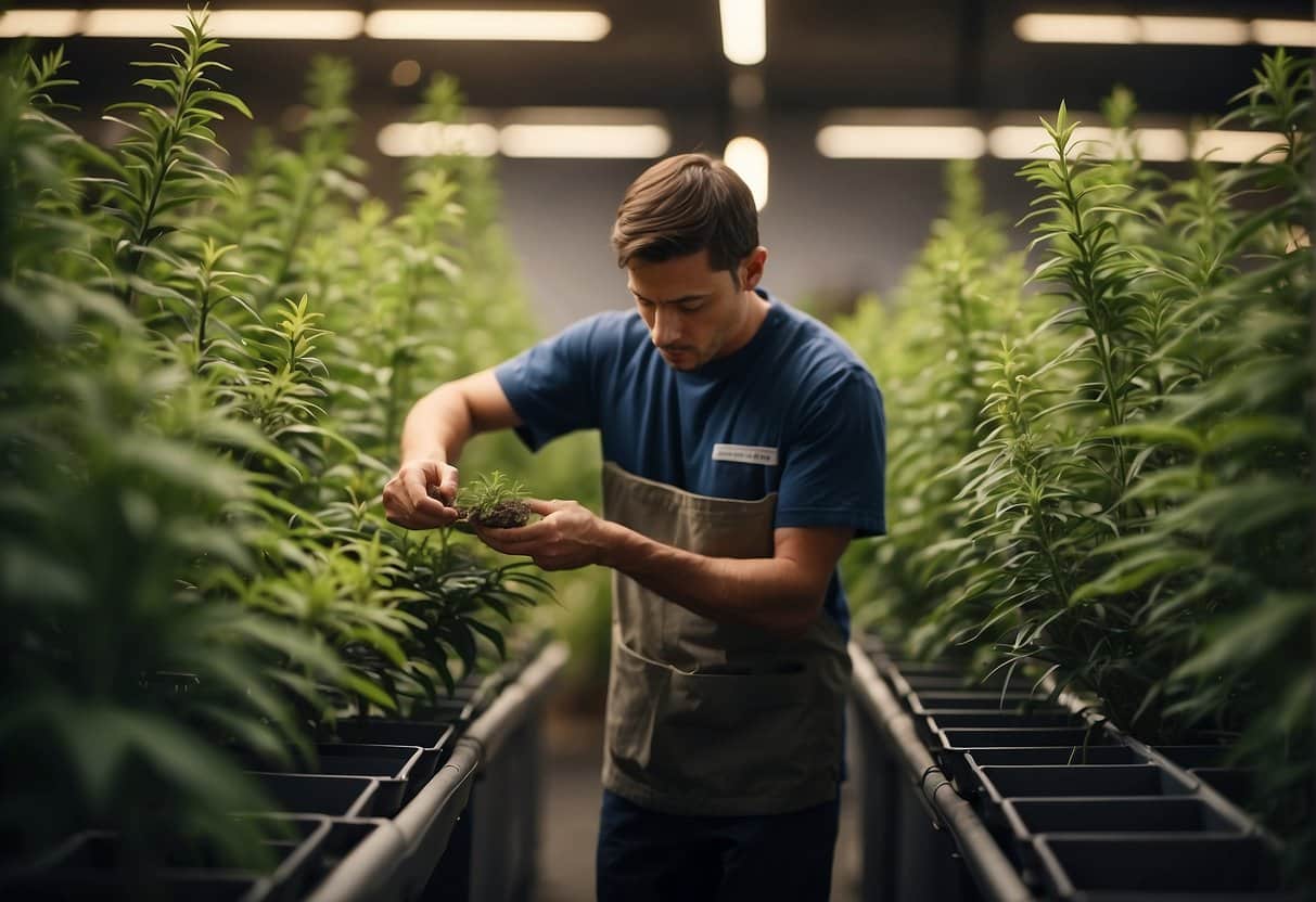 A man inspecting cannabis plants in a greenhouse to learn How to Grow THCa Flower.