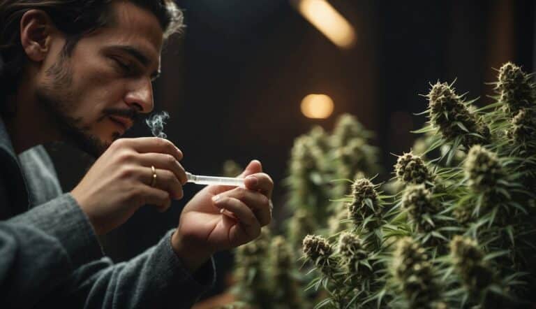 A man holding a pipette and smoking a long weed joint