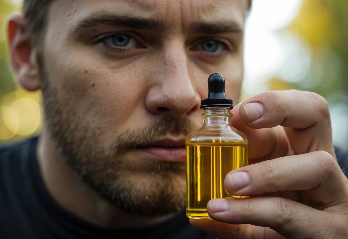 A man holding a bottle of CBD oil, providing pain relief.