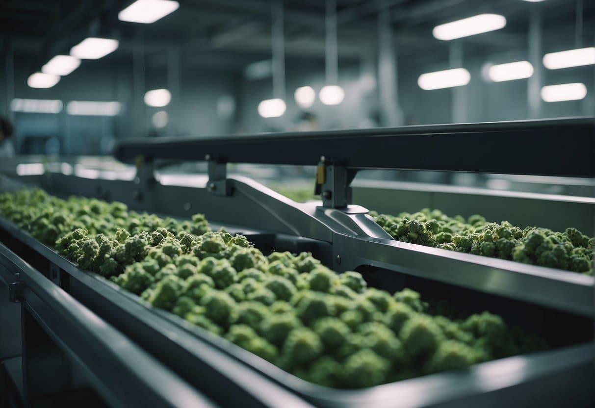 Auto Draft cannabis plants on a conveyor belt in a factory.