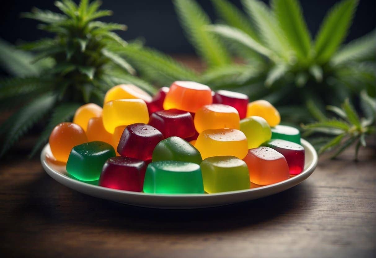 THC gummies on a plate next to a plant.