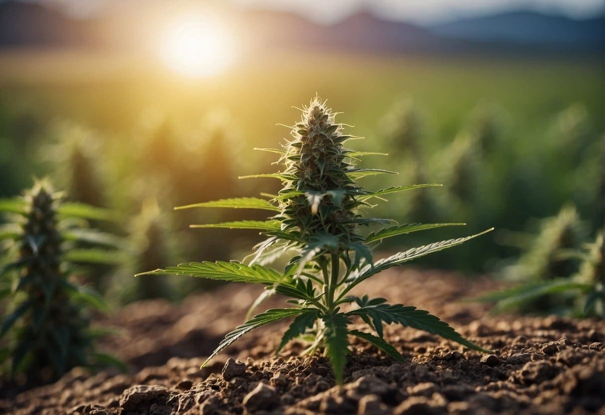 An auto cannabis plant growing in a field with the sun setting behind it.