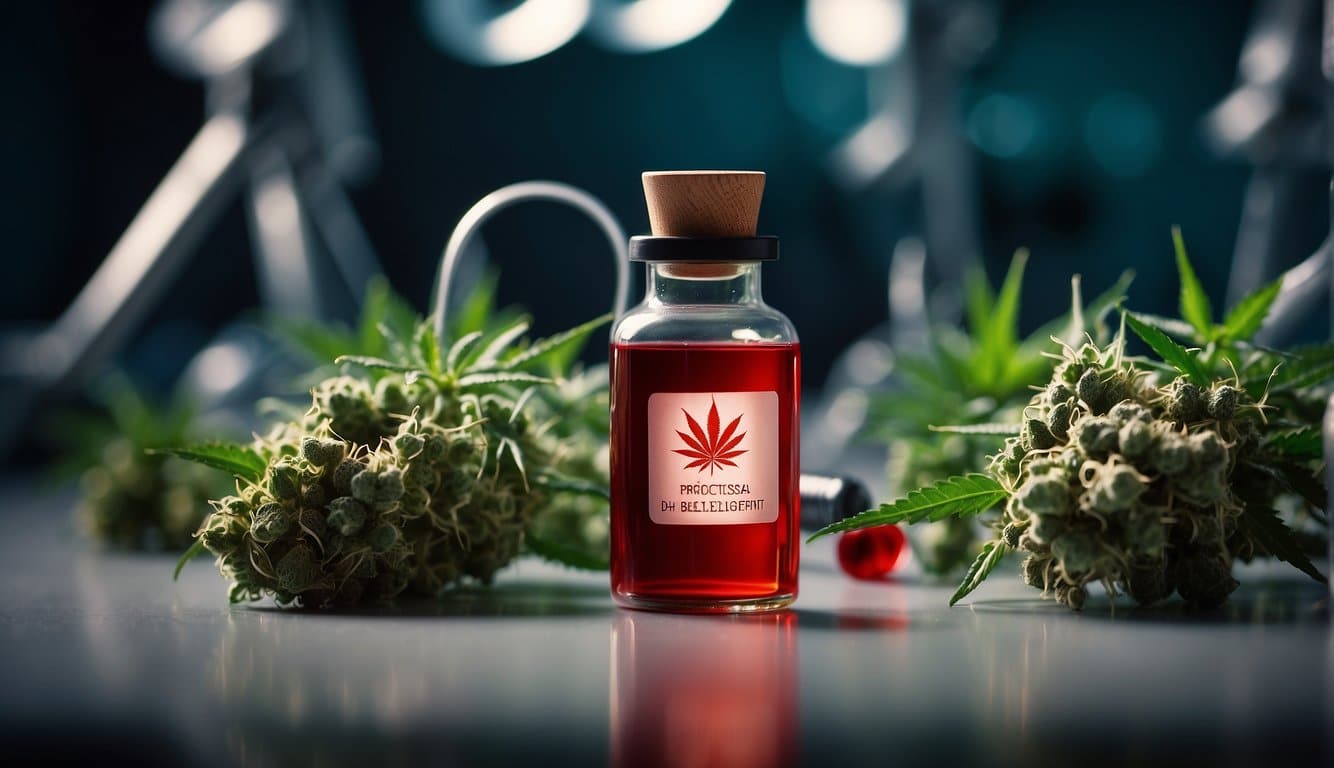 An Auto Draft cbd oil bottle placed on a table beside lush cbd plants.
