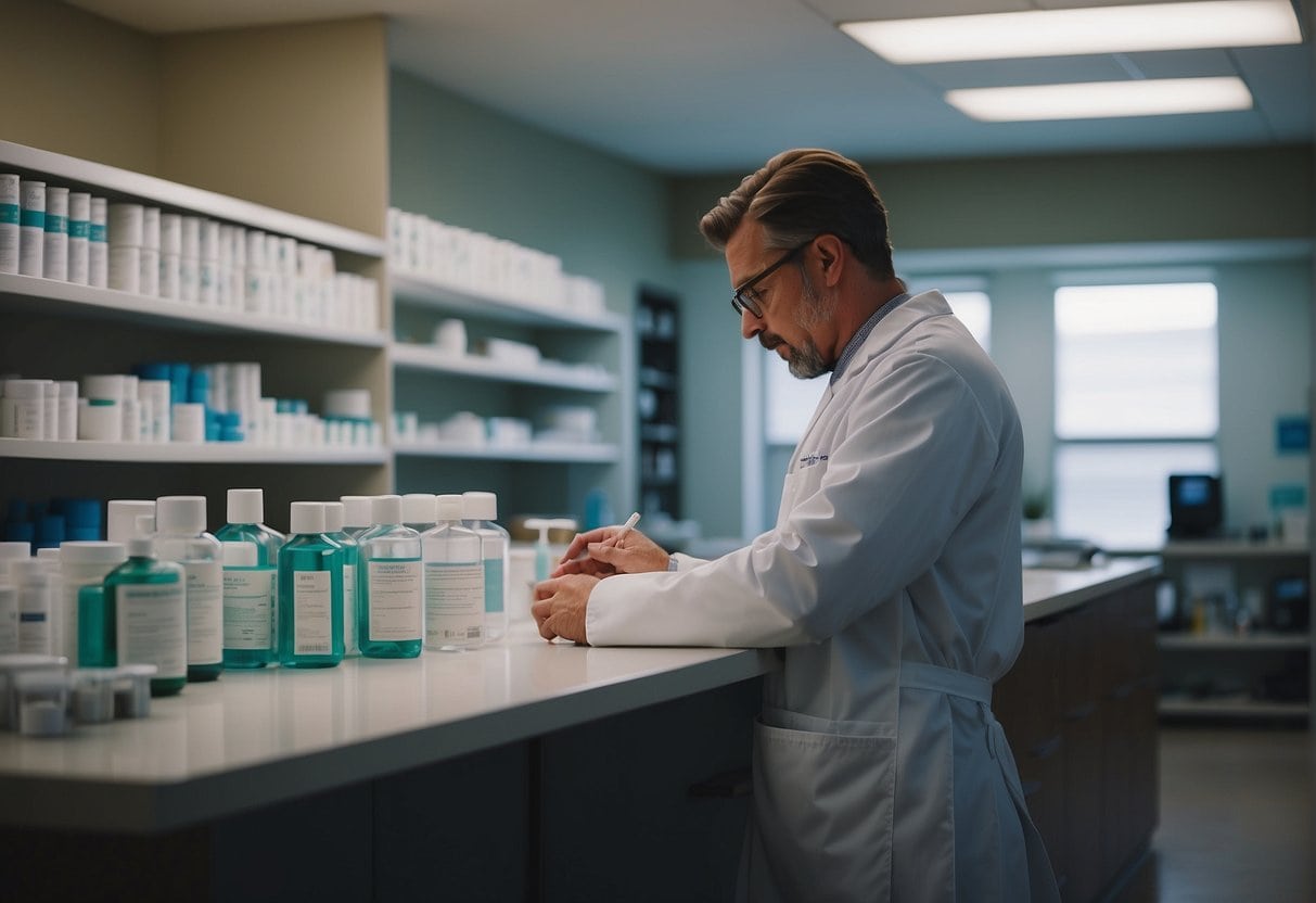 A man in a lab coat examining bottles of medicine.