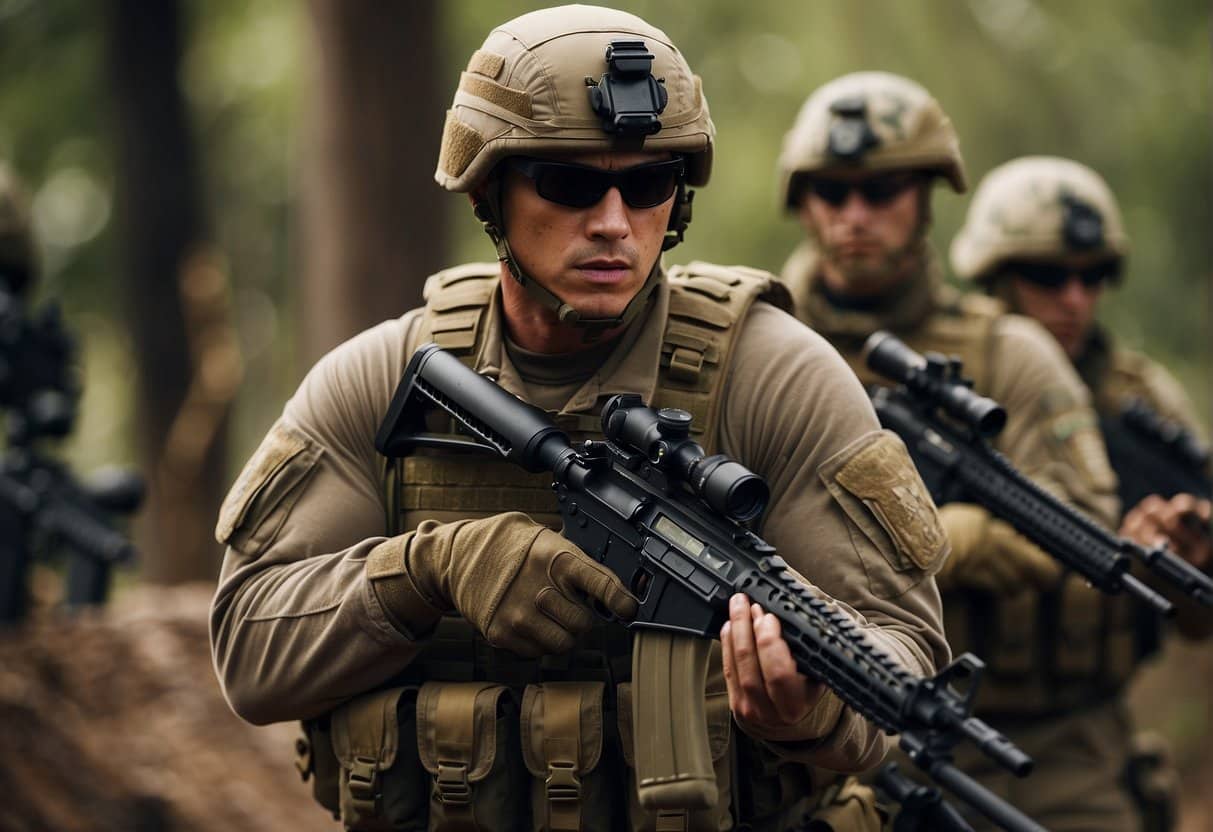 A group of soldiers armed with rifles maneuvers stealthily through the dense woods.