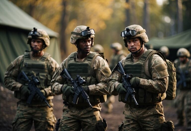 A group of military soldiers standing in a wooded area.