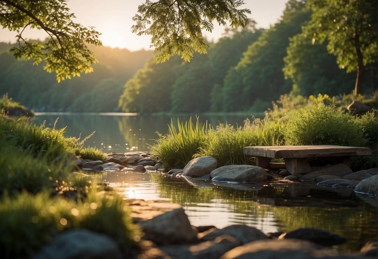 A serene wooden bench on a tranquil river in the enchanting woods at sunset.