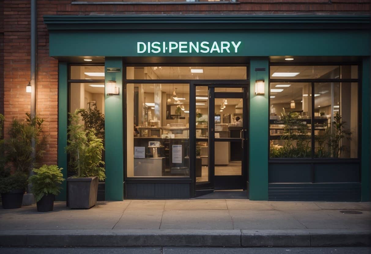 A storefront with a sign that says "dispensary", where you can enter if you are 18 years old.