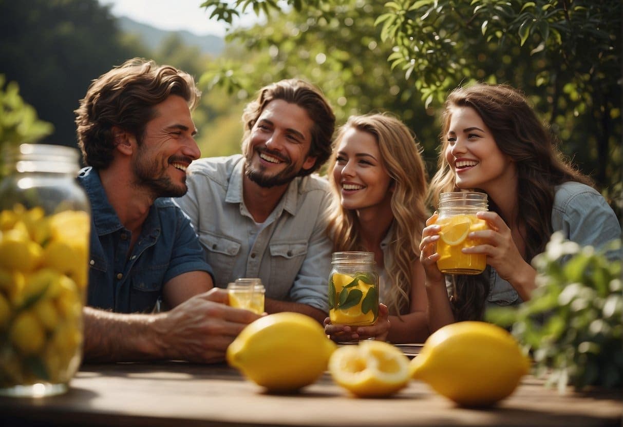 A group of friends enjoying lemonade at a picnic table.