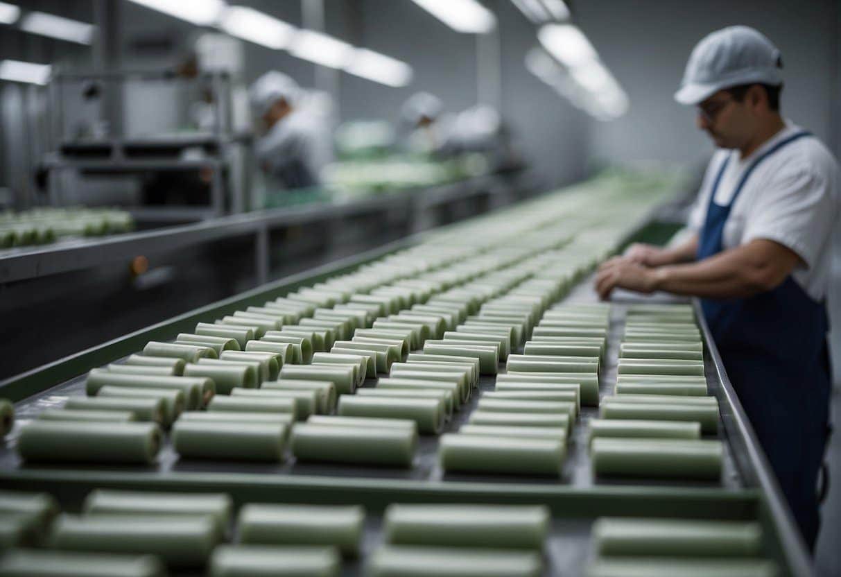 A worker is operating a conveyor belt in a factory rolling prerolls