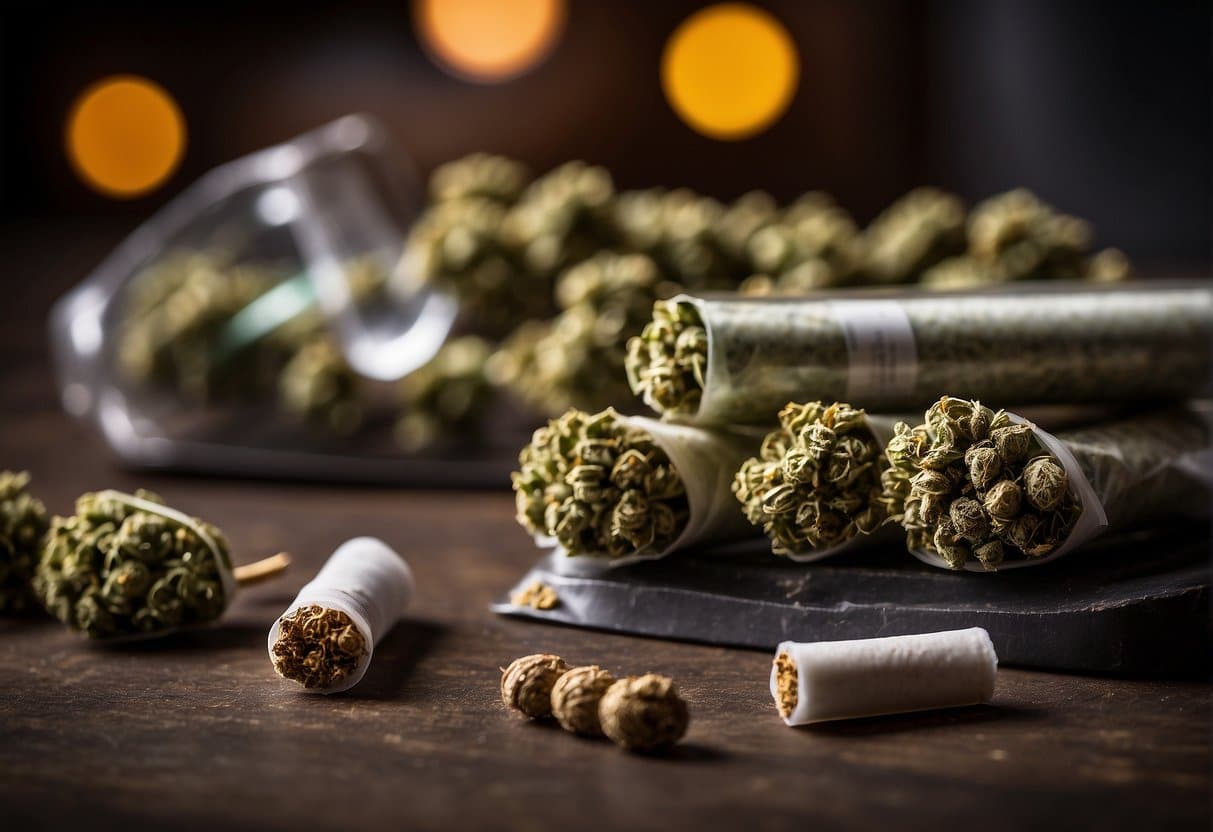 Pre rolls and flower are displayed on a table, accompanied by a glass of water.
