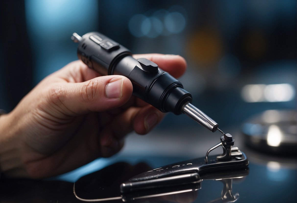 A person is using a tool to make a hole in a piece of metal, but the ooze pen is not working.