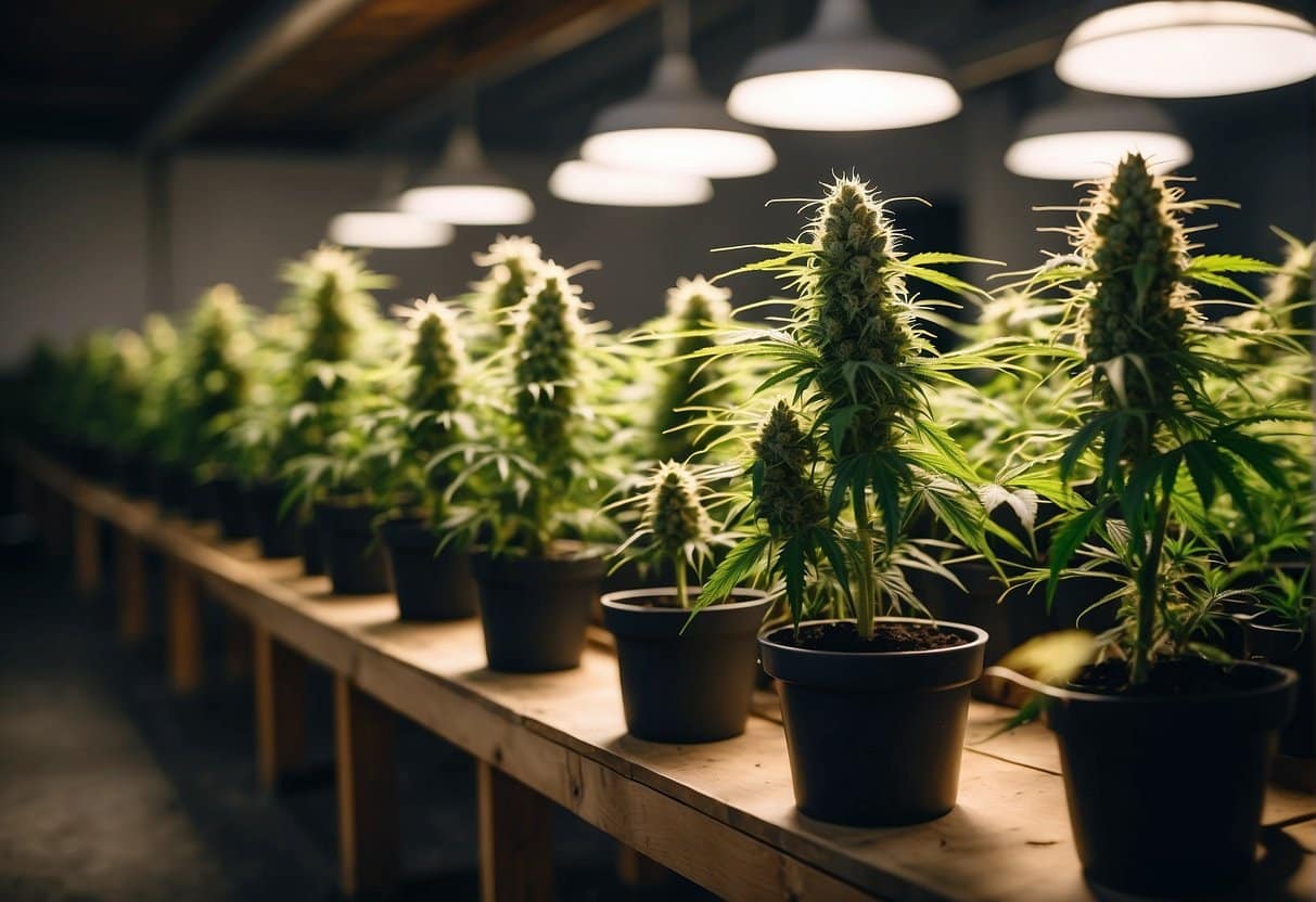 A row of potted marijuana plants in a warehouse, cultivated under the optimized conditions