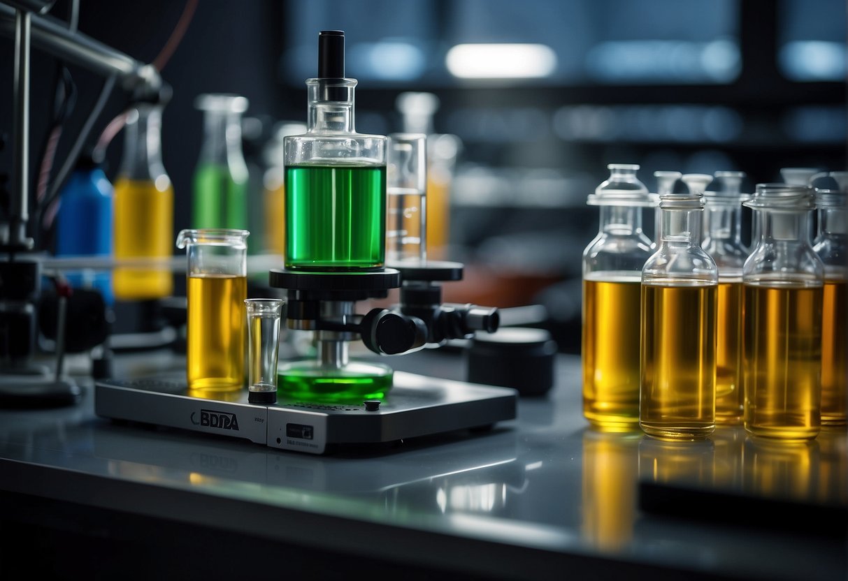 A laboratory with different colored liquids, including CBDA and THCa, on a table.