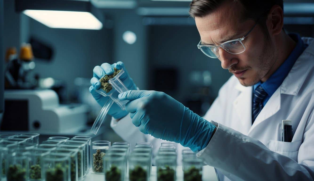 A man wearing gloves is carefully holding a container with lush green plants, ensuring that the weed stay contained within the system.