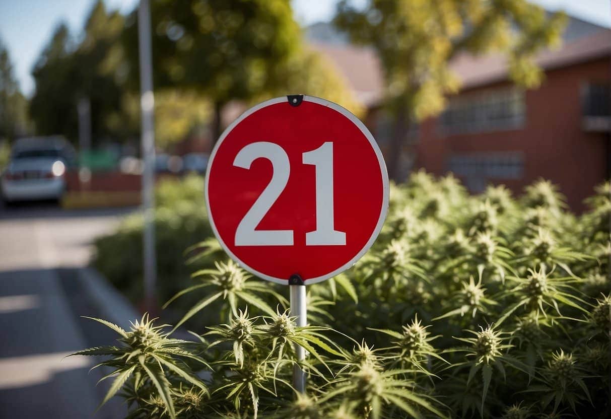 A sign with the number 21 displayed in front of thriving marijuana plants.