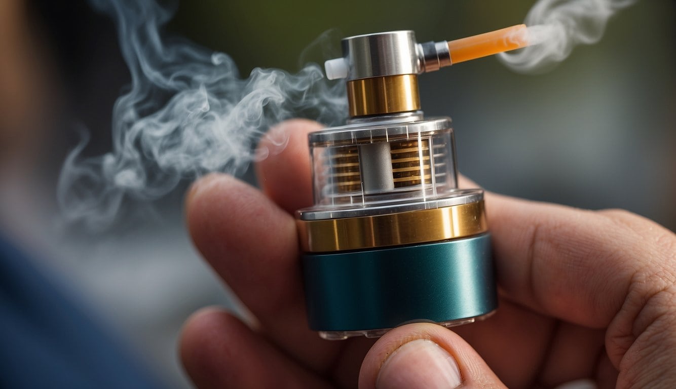 A person holding an electronic cigarette with smoke coming out of it, creating a mesmerizing vapor cloud.