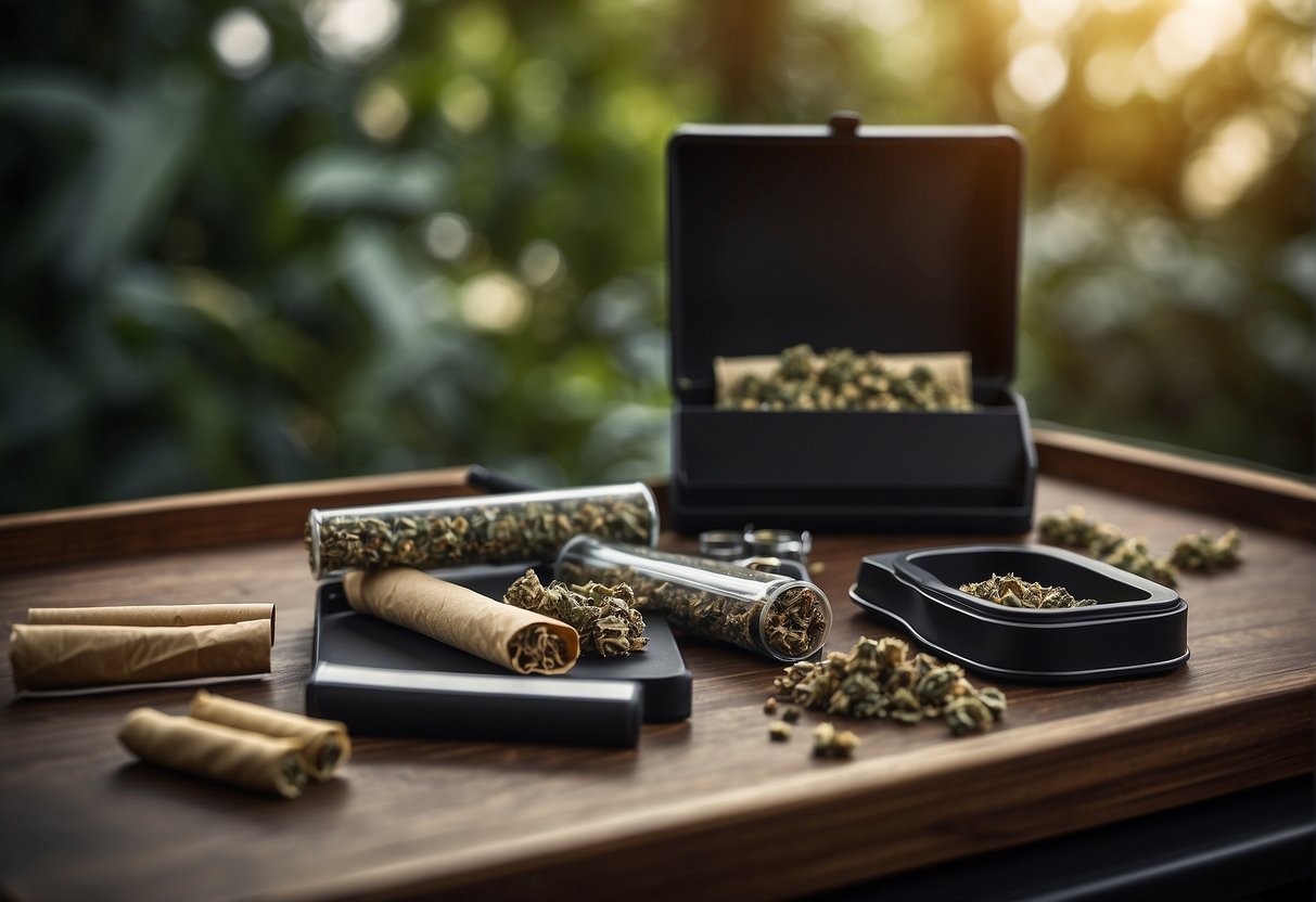 A tray with marijuana and a black box containing a pre roll on it.