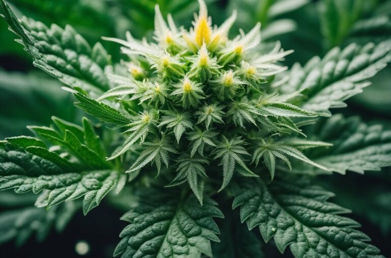 A close up of a cannabis plant on a black background, showcasing the therapeutic compound THCa.