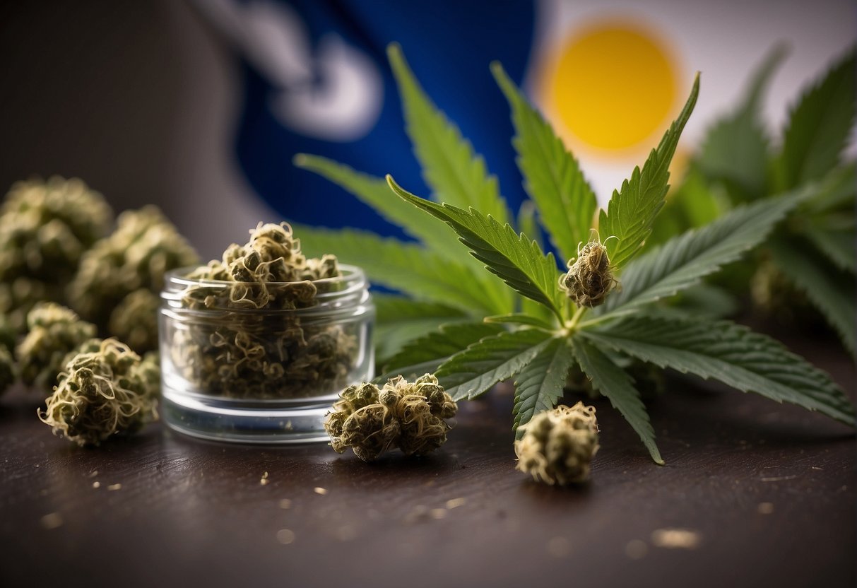 On a table, there is a jar of marijuana, compliant with State Cannabis Regulations in Alaska. Next to it, stands a flag representing the legalization and acceptance of THCa in Alaska.