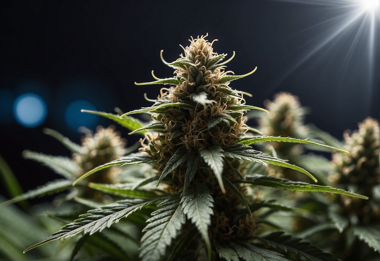 A THCa flower in front of a dark background.