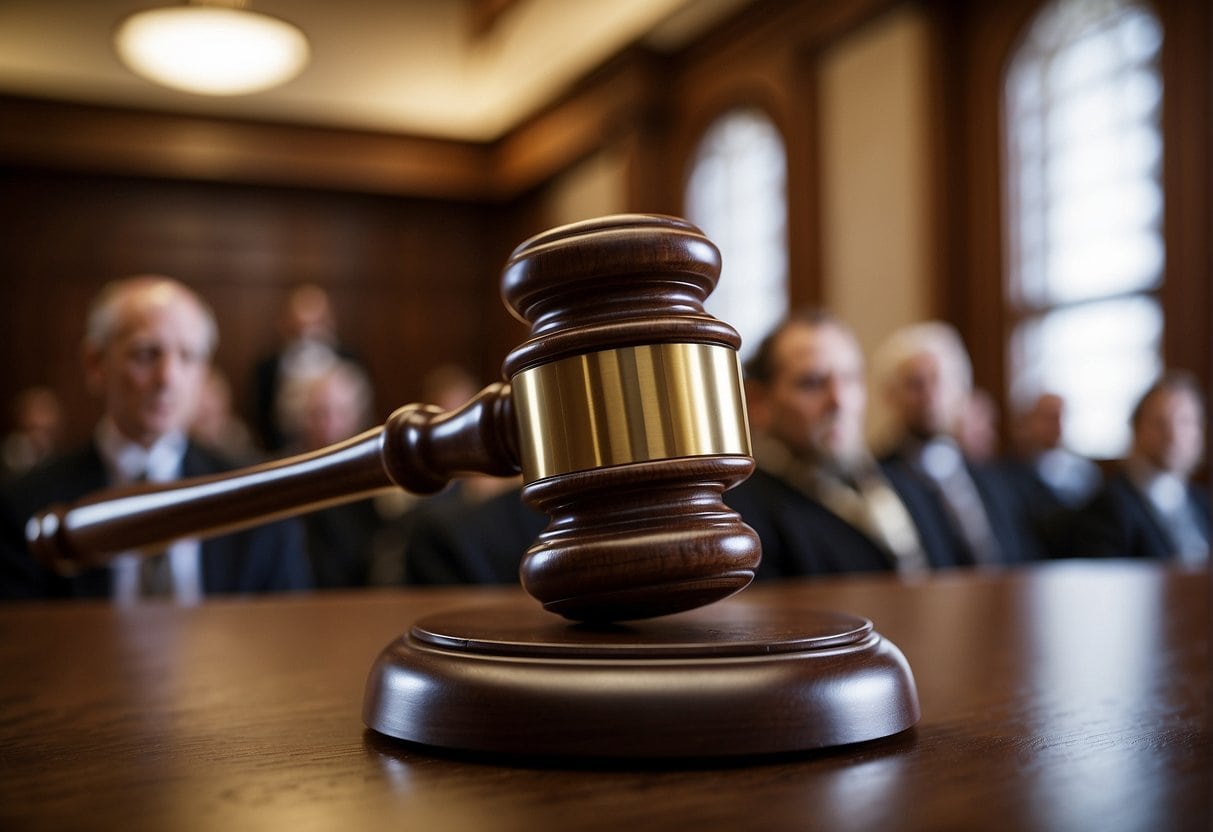 A judge's gavel sitting on a table in a courtroom.