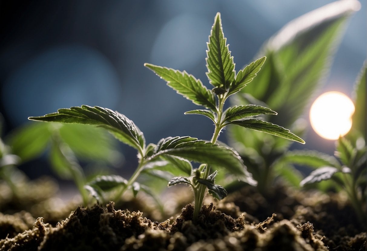 Cannabis plants growing in the dirt, with the sun behind them, showcasing their potential transformation from THCa to Delta 9 through smoke.
