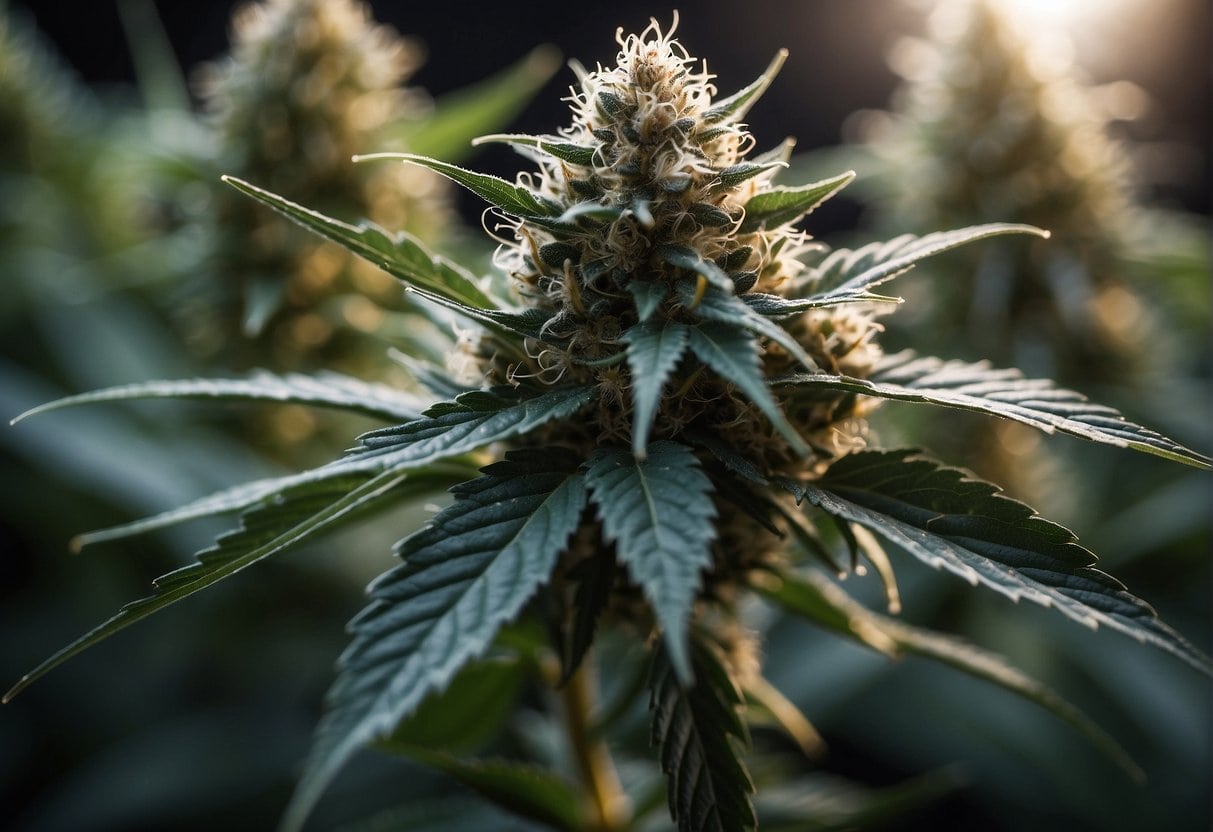 A close up of a cannabis plant with the sun shining on it, showcasing its high THCa percentage.
