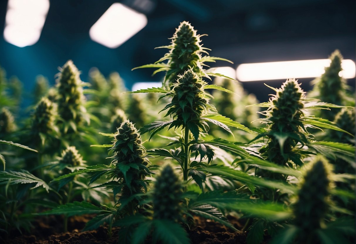 THCa flowers, made from cannabis plants, growing in a greenhouse.