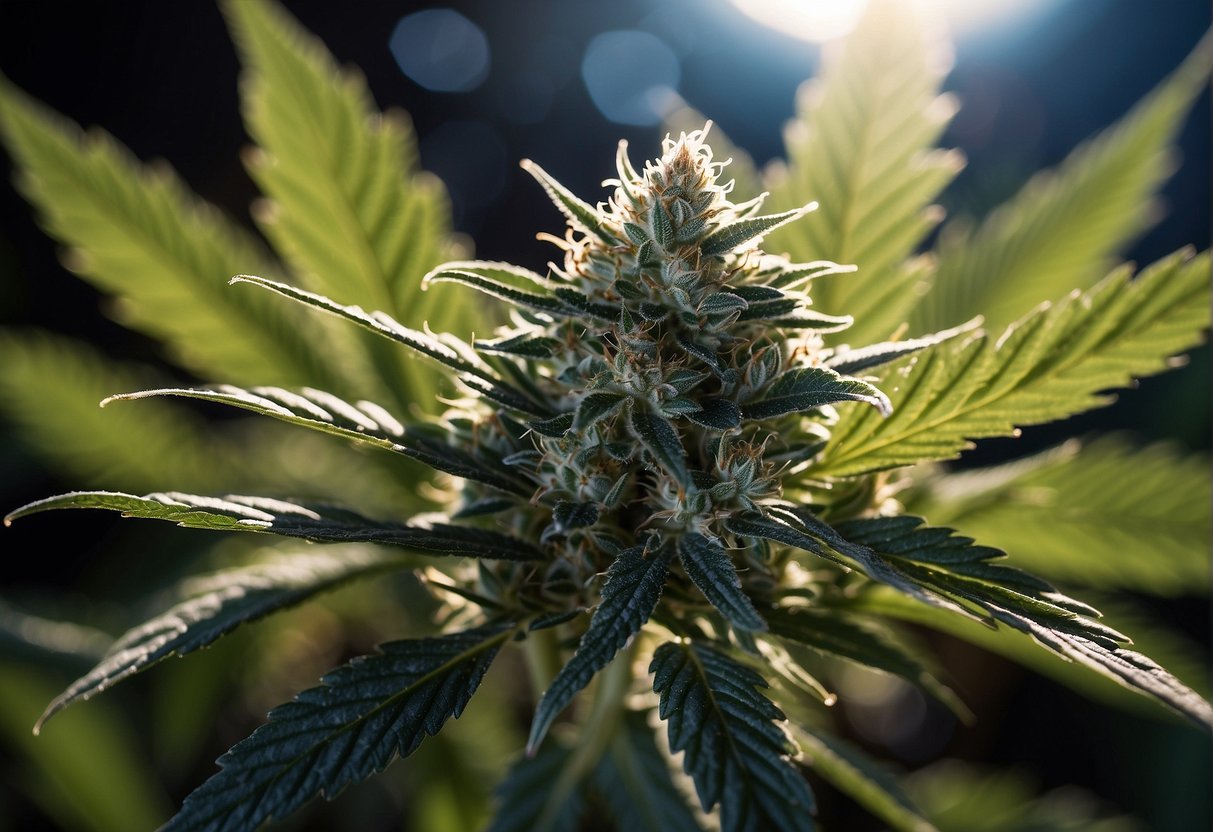 A thca cannabis plant with the sun behind it.