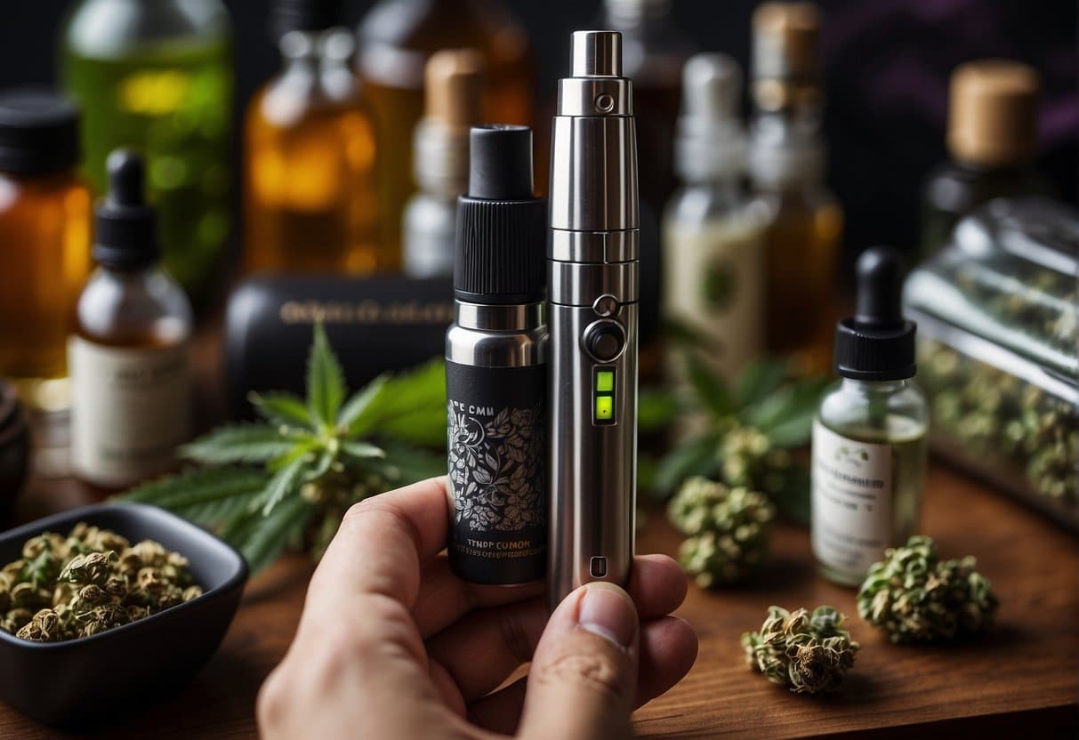 A person holding a CBD vaporizer next to a bunch of marijuana.